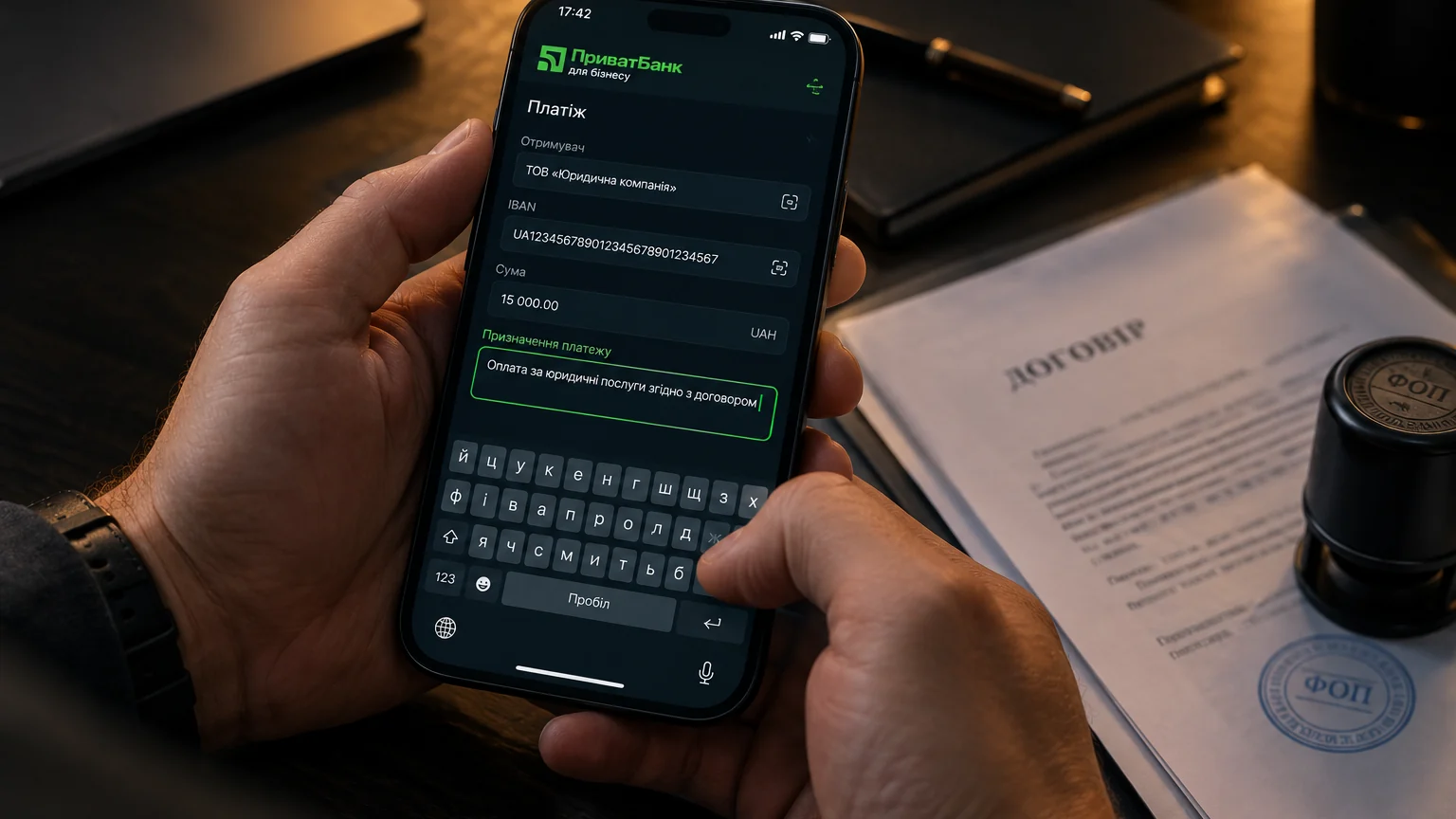 Руки підприємця зі смартфоном: форма платежу в банківському застосунку, активне поле «Призначення платежу», поруч договір і печатка ФОП