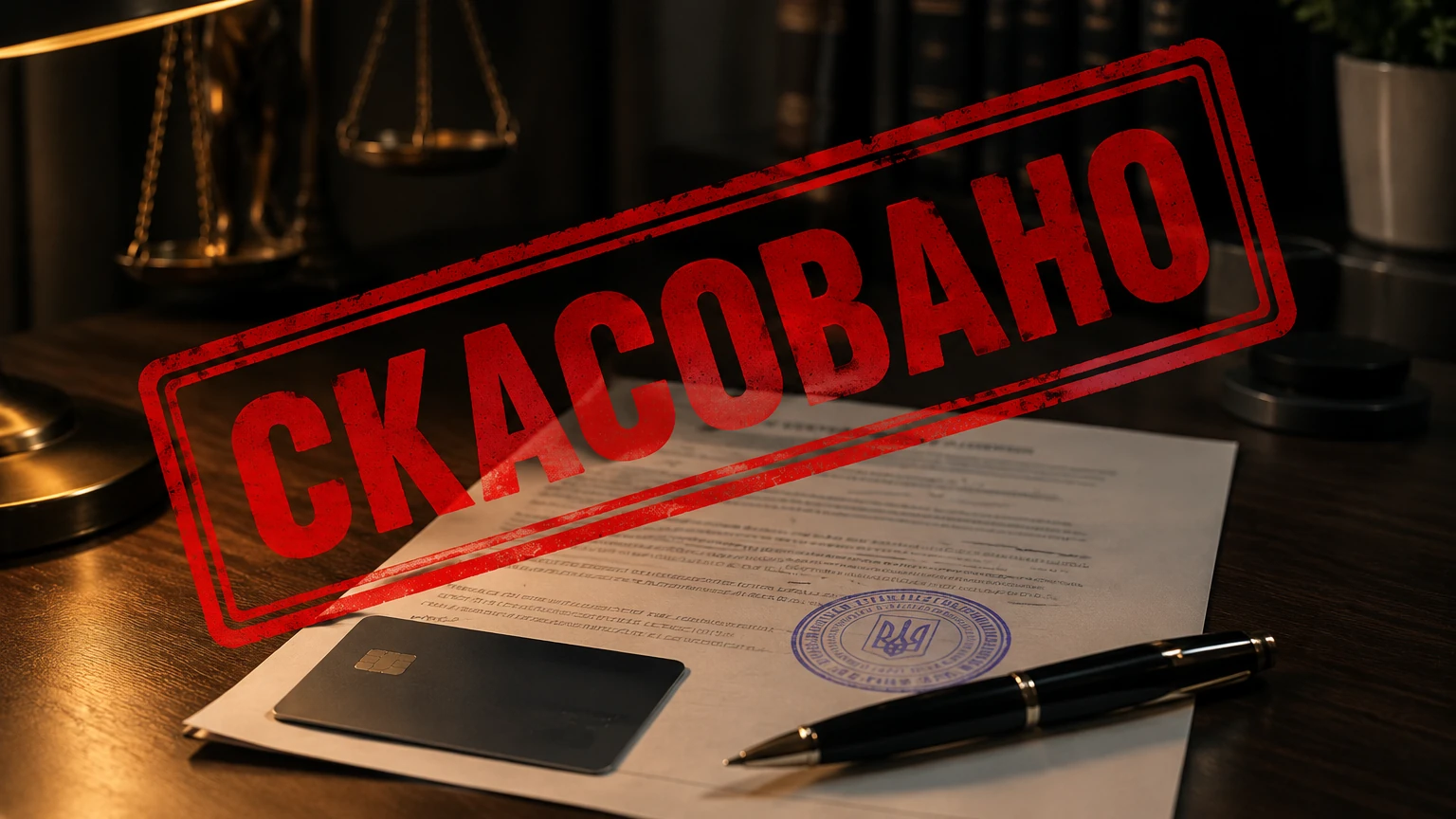 Документ із нотаріальною печаткою, банківська картка та молоток на столі — ілюстрація до статті про скасування виконавчого напису нотаріуса
