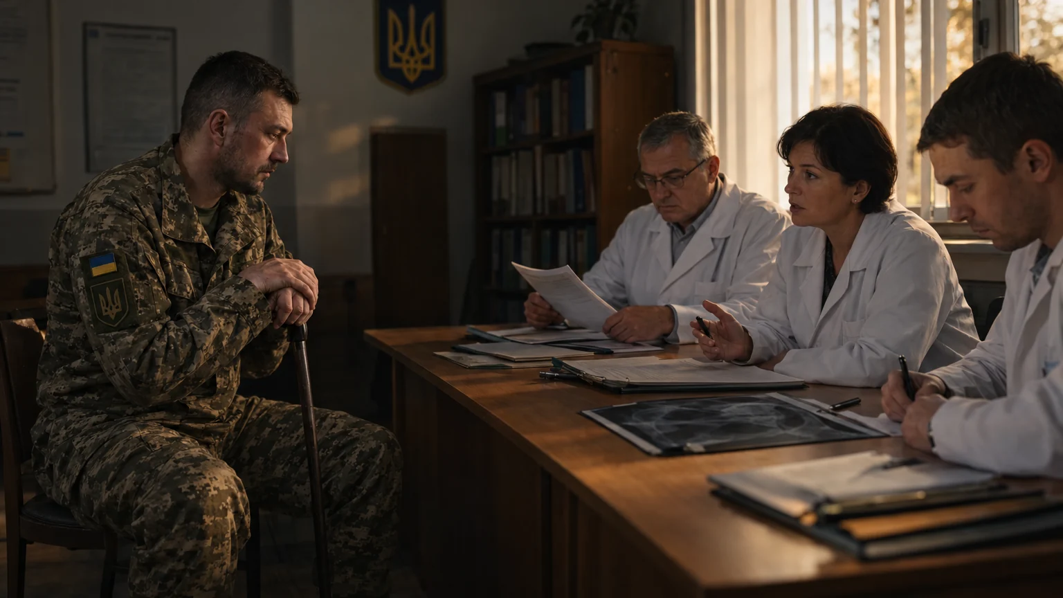 Військовослужбовець ЗСУ з тростиною перед медичною комісією з трьох лікарів у кабінеті лікарні