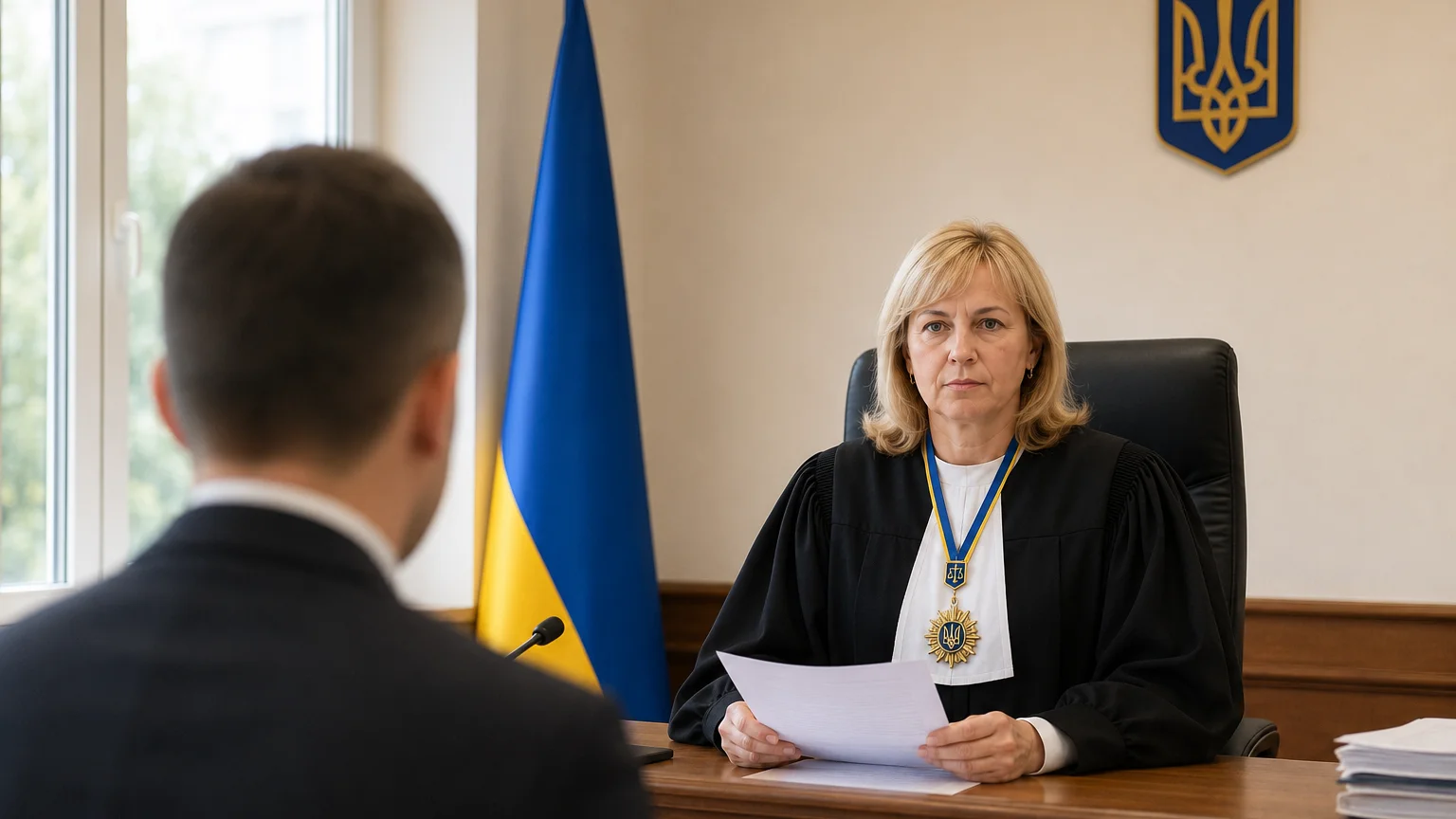 Суддя у чорній мантії з нагрудною відзнакою слухає адвоката в залі судового засідання — справа про оскарження виконавчого напису нотаріуса