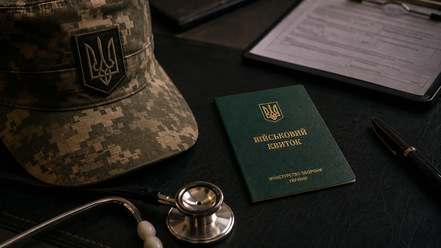 Військовий квиток, армійське кепі та стетоскоп на столі — медичний огляд для визначення придатності до військової служби