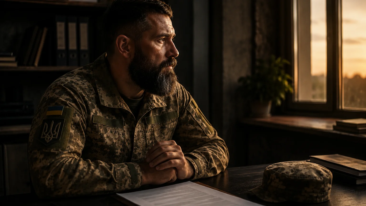 Український військовий з бородою сидить за столом перед контрактом, дивлячись у вікно — рішення про звільнення після закінчення контракту
