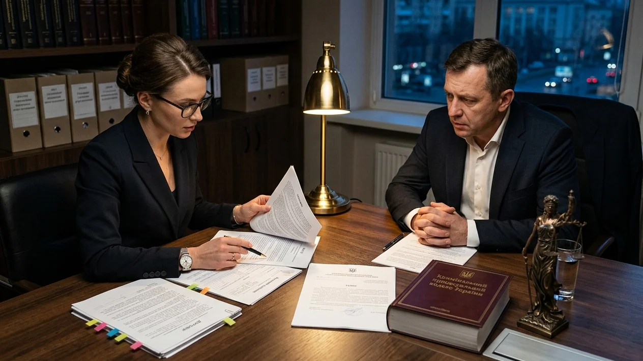 Адвокатка разом із директором компанії перевіряє договори й акти перед відповіддю на запит правоохоронців; на столі — Кримінальний процесуальний кодекс України і статуетка Феміди