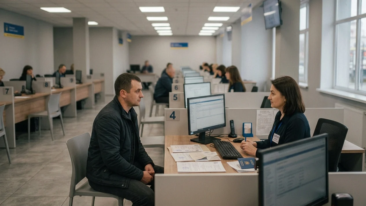 Чоловік подає документи адміністратору ЦНАП, щоб оформити відстрочку від мобілізації за новою підставою