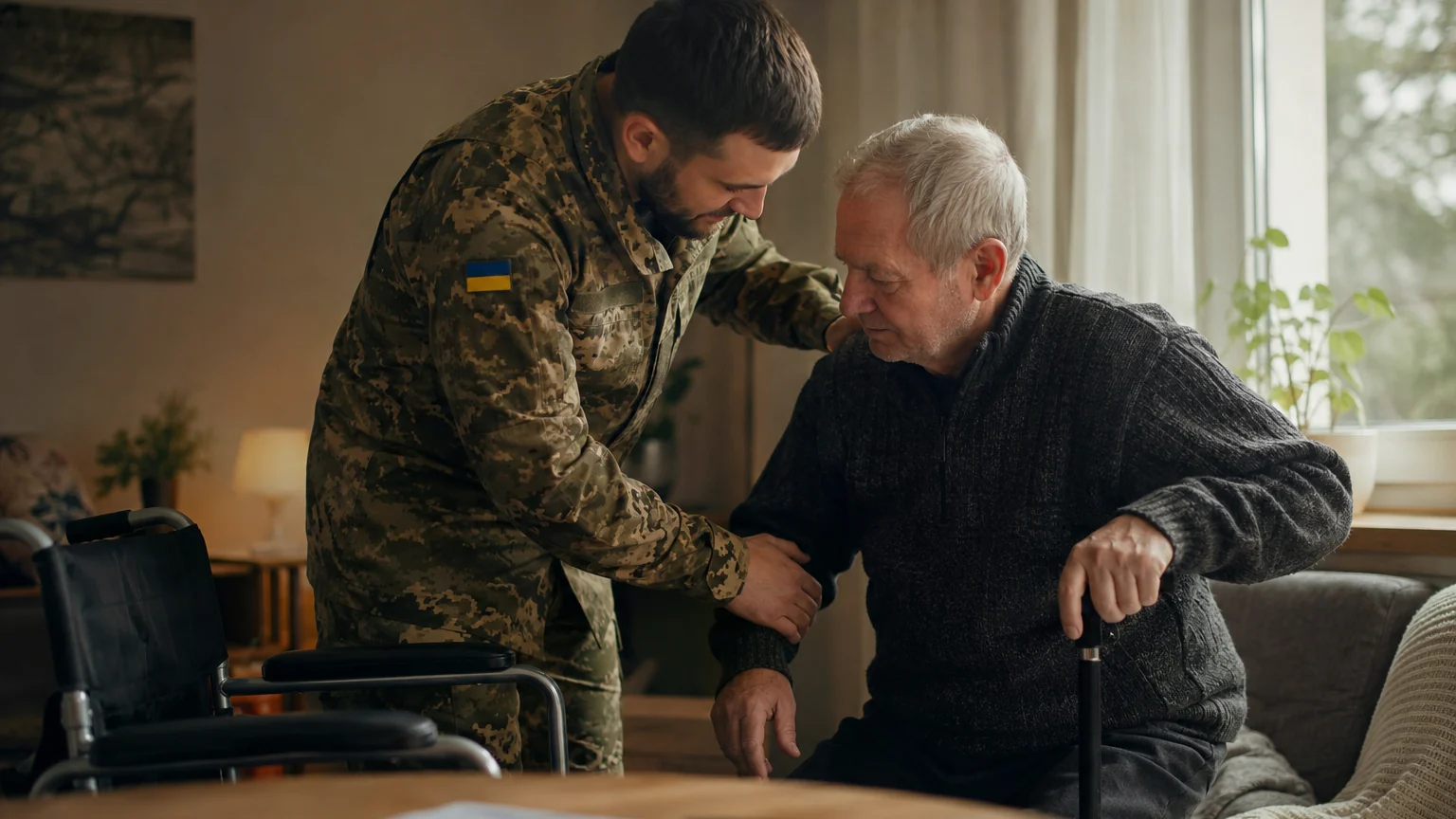 Український військовослужбовець у формі допомагає літньому родичу з інвалідністю вдома — догляд як підстава для звільнення зі служби